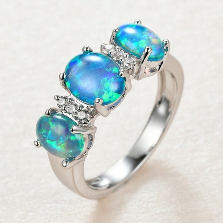 Special Jewelry 3 Stones Oval White Fire Opal Platinum Plated Ring US Size 6-10