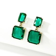Women's Green Crystal Square Statement Zirconia Drop Dangle Fashion Earrings