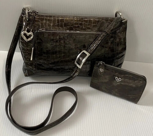 Brighton Bria Shine Your Bag Patent Brown Croc Embossed Leather w Coin Purse