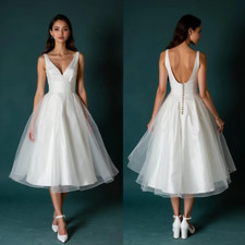 Short Vintage Wedding Dress  Satin Tulle Midi Bridal Gown with Deep V-Neck