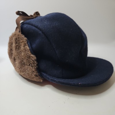 Vintage Trapper Hat Attack New York USA Union Label Retro Navy Wool Fleece Lined