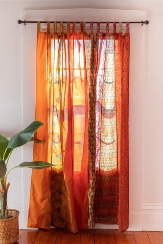Vintage Seide Sari Vorhang 2 Stck. Fensterdekor Seide Orange Vorhang - Bild 9 von 10