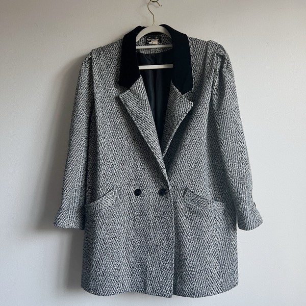 Vintage Sanro Black and Grey Tweed Coat with Velvet Collar, Woman’s Size 14