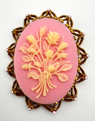 Vintage Floral Cameo Brooch Pink Victorian Revival Rose Bouquet Gold Tone