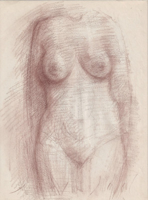 Standing Female Nude Sketch 11x9 Conte Crayon + size Model Drawing Naked Woman