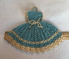 Vintage Crochet Pot Holder/Trivet Doll Dress -Handmade Blue w/Beige Trim — photo 9