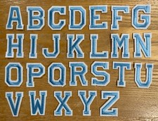 Light Blue Letter With White Border Embroidered Iron On Patch - Select A Letter