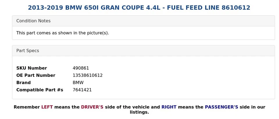 BMW 650I 2013-2019 gran cupé 4,4 L - línea de alimentación de combustible 8610612 Foto 3 de 4