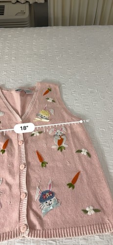 VTG Artsy Sweater Vest Womens Capacity Sz XL Petites Bunnies Pink Spring Read - Picture 9 of 17