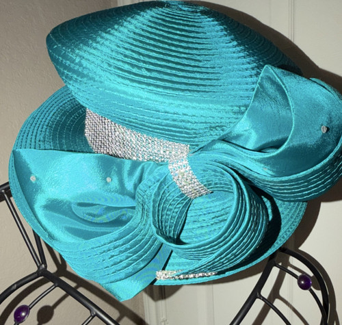 Church Hat Turquoise Wide Brim Formal Hat Satin Large Bow Rhinestone Accents