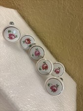 Vtg Porcelain Drawer Pulls Knobs pink Rose gold trim round 1.5 " Set 6 o10