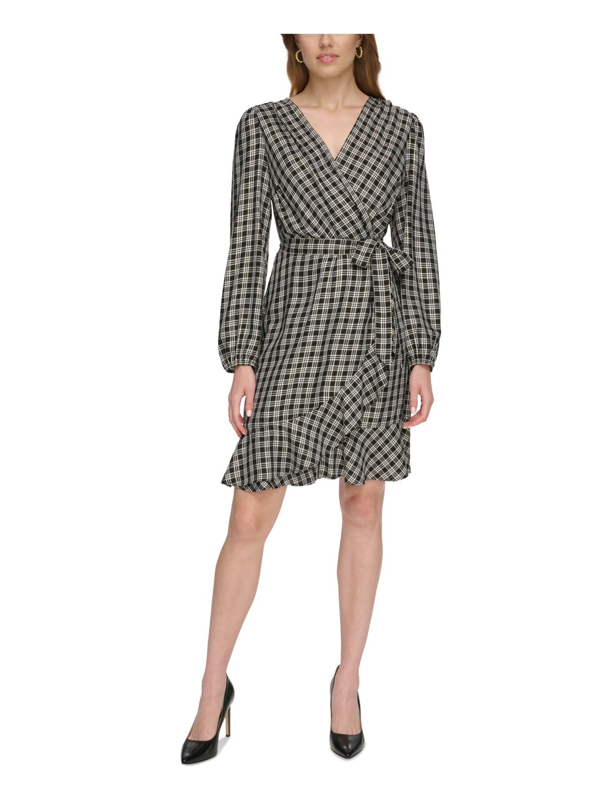 TOMMY HILFIGER Womens Blouson Sleeve Faux Wrap Party Dress Knee-Length