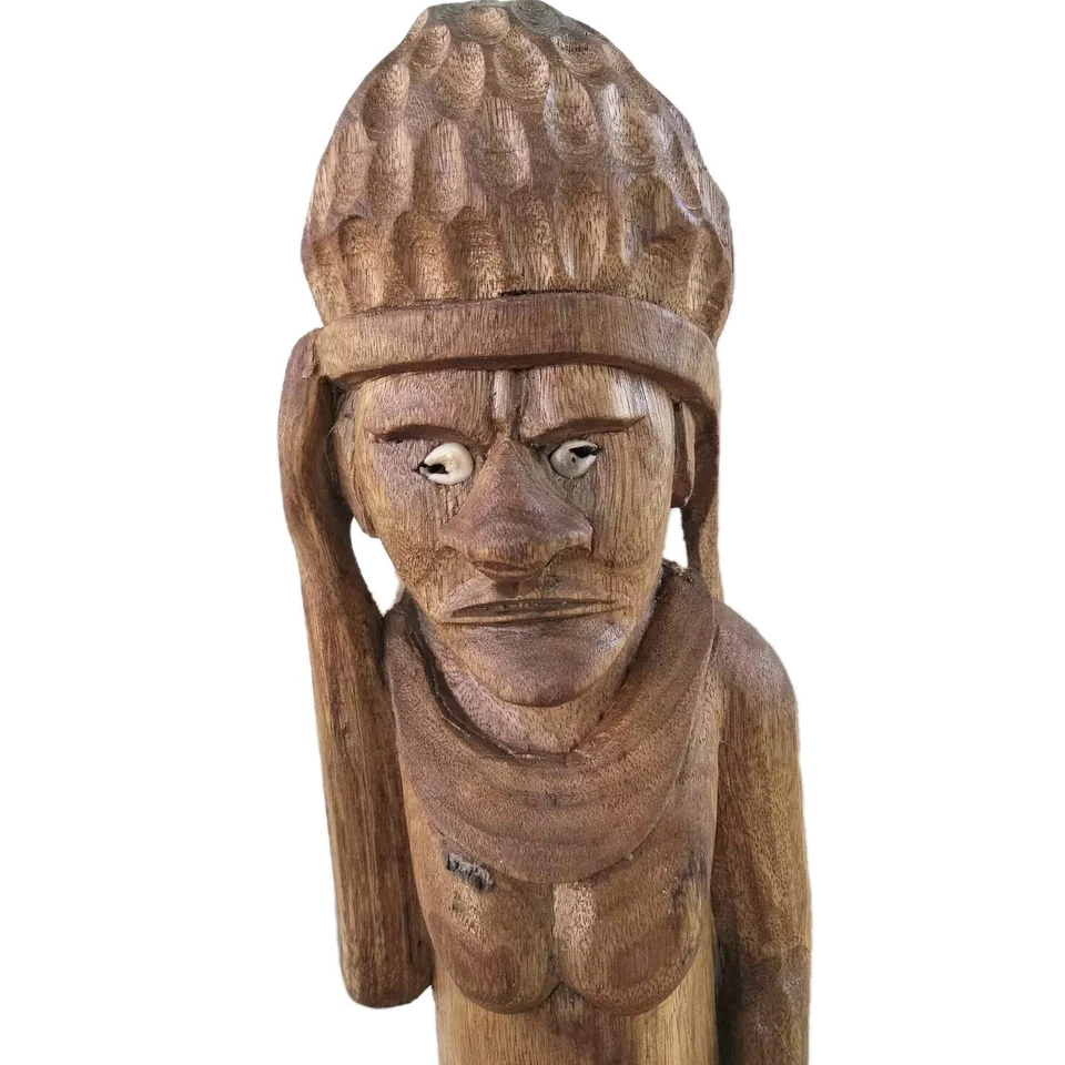 Vtg Hand Carved Wood Pacific Island Statue Figurine Papua New Guinea Shell Eyes - image 4 of 4