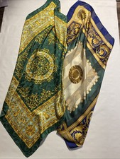 Vintage 2 Silk Scarves Baroque Ornate Print Navy Green Gold Square 33  /34  Italy