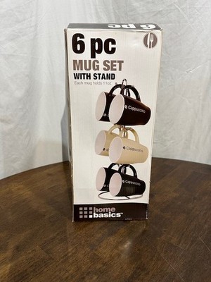 Home Basics Set of 6 Ceramic Coffee Mug Set with Metal Stand, 11 oz. SL13
