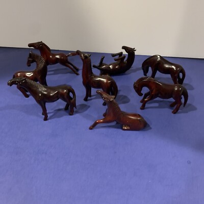 Vintage Japanese Hand Carved Teak Red Horse Miniatures Set Of 8