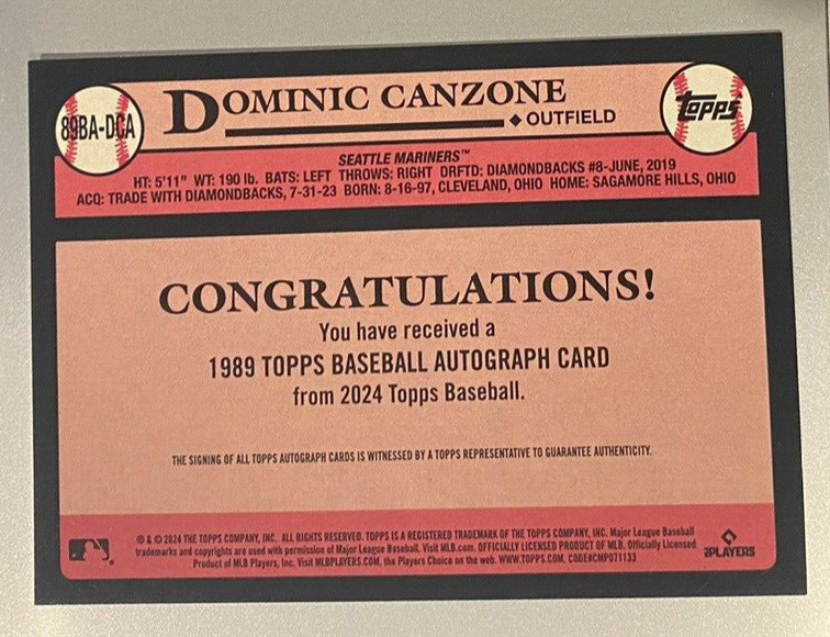 2024 Topps Series 1 Dominic Canzone Rookie Auto 1989 Mariners RC