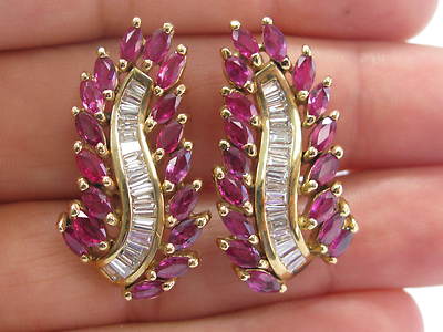 Natürliche Rubin & Diamant lange Blatt Ohrringe 14Kt Gelbgold 8,60Ct