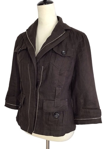 ANN TAYLOR Brown Linen Moto Cargo Blazer Lined Zips Pockets S 3/4 Sleeves - Picture 2 of 7