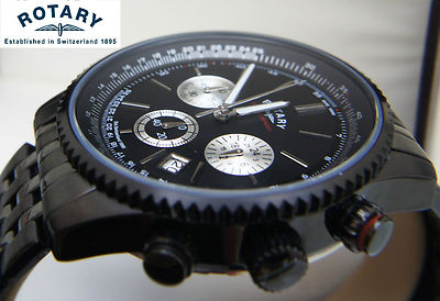 ROTARY HERREN UHR SCHWARZ ARMBAND CHRONOGRAPH EDELSTAHL UVP180  BOXED