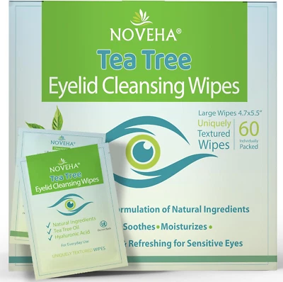 NOVEHA Tea Tree Oil Eyelid & Lash Wipes | with Hyaluronic Acid, Green Tea & Chamomile f