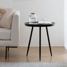 Image of Chervey Large Round Side Table Solid Wood End Table with Black Metal Legs