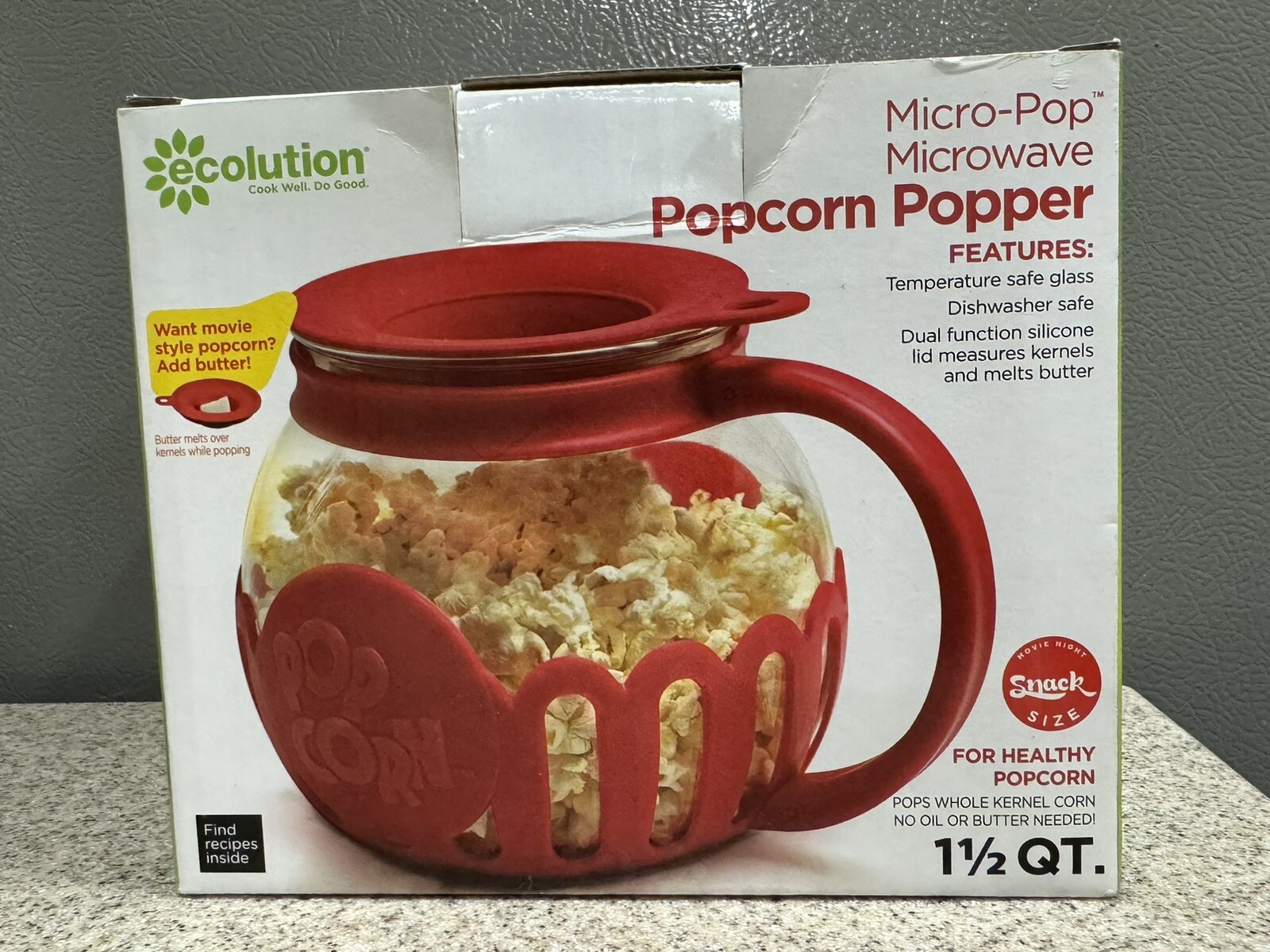 Ecolution Micro Pop 1.5 Quart Glass Silicone Microwave Popcorn Popper Red New!