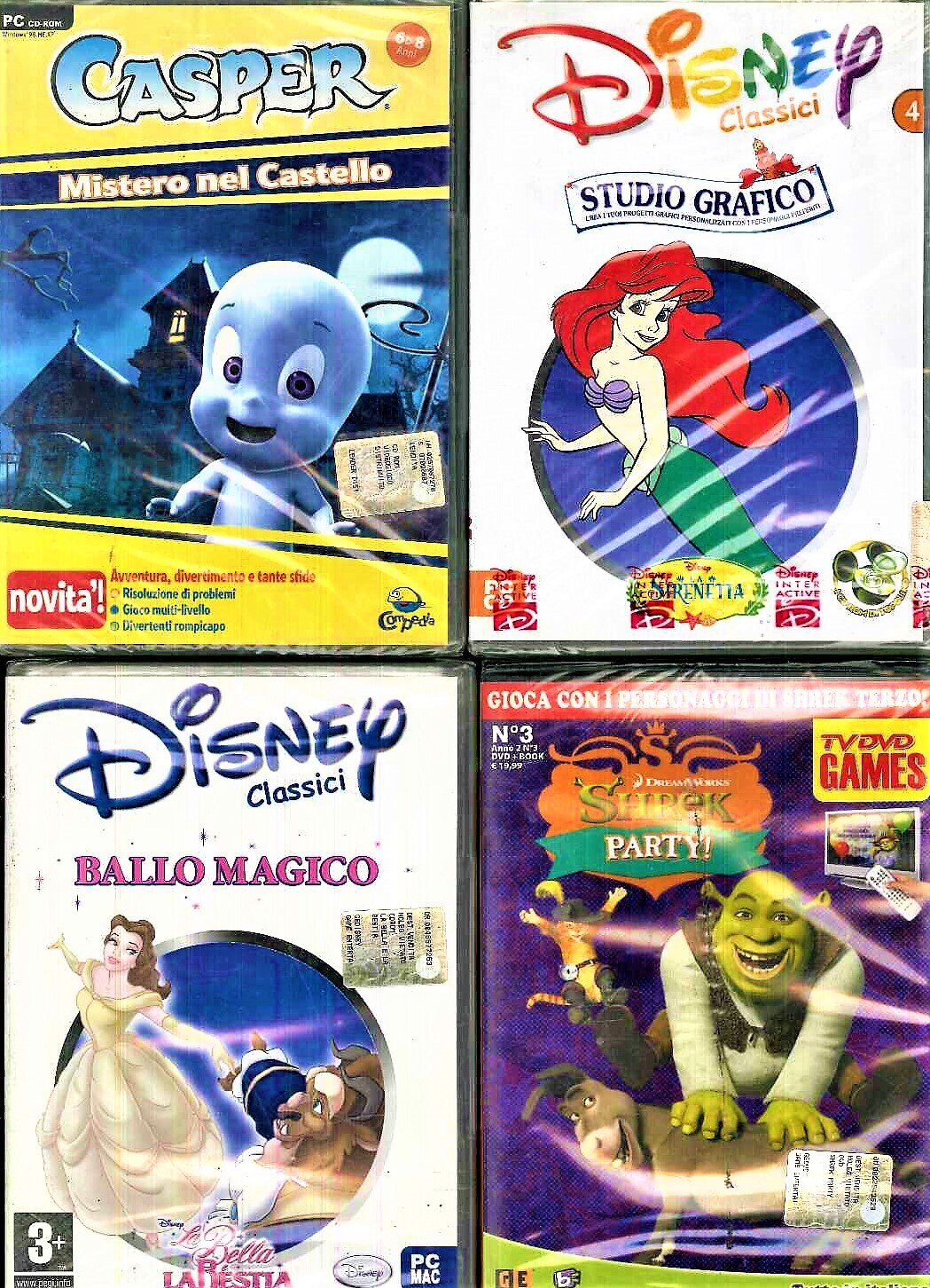 CASPER+LA BELLA E LA BESTA+SHREK+SIRENETTA LOTTO 4 VIDEOGIOCHI NUOVI PER BAMBINI