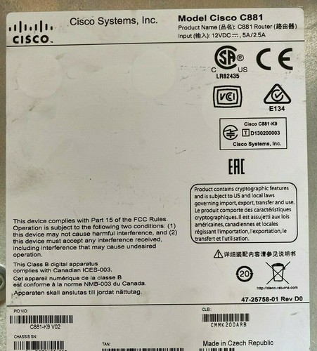 Cisco C881-K9 Router with No PSU Cisco 881 Cisco 881-K9 with No Power Supply - Picture 3 of 6