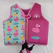 Girl's Flotation Swim Vest M/L 33-55 lbs. 22" Flamingoes Lifeguard Safety Strap
