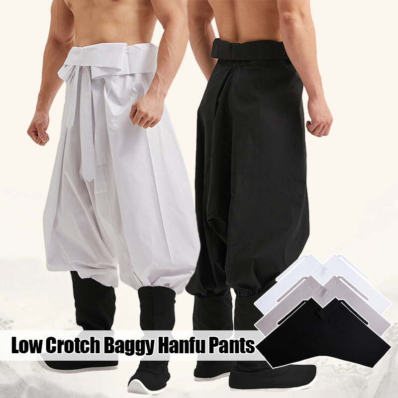 Mens Drop Low Crotch Baggy Hanfu Pants Belted Chinese Traditional