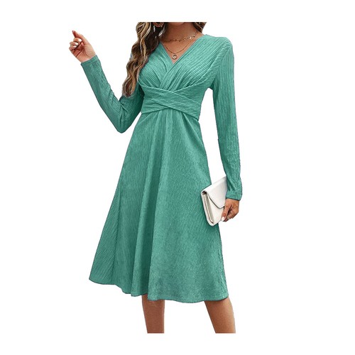 Damen Midikleid Mit V-Ausschnitt Langärmelig Cocktailkleider A-Linien-Kleid* | - Picture 6 of 31