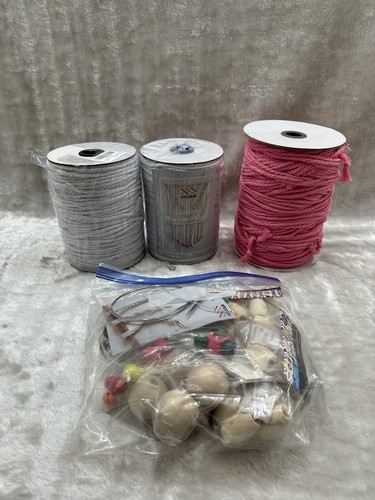 Macrame Bundle White & Pink Cord, Wood Beads, Hoops Jewelry Craft Supplies