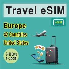 [eSIM] Europe Travel eSIM SIM Card + UK, USA , 3-30 Days, 3-30GB, QR Code