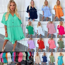 Womens Short Mini Smock Dress Ladies Pleated Peplum Frill Collared Shirt Top