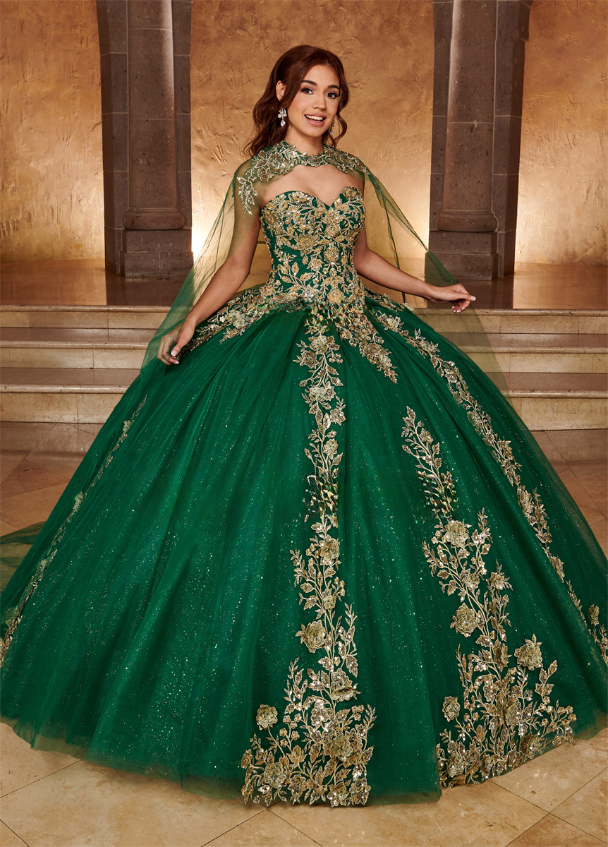 Luxury Green Quinceaera Dresses Ball Gown Mexico Bow Applique With Cape  Sweet16 | eBay