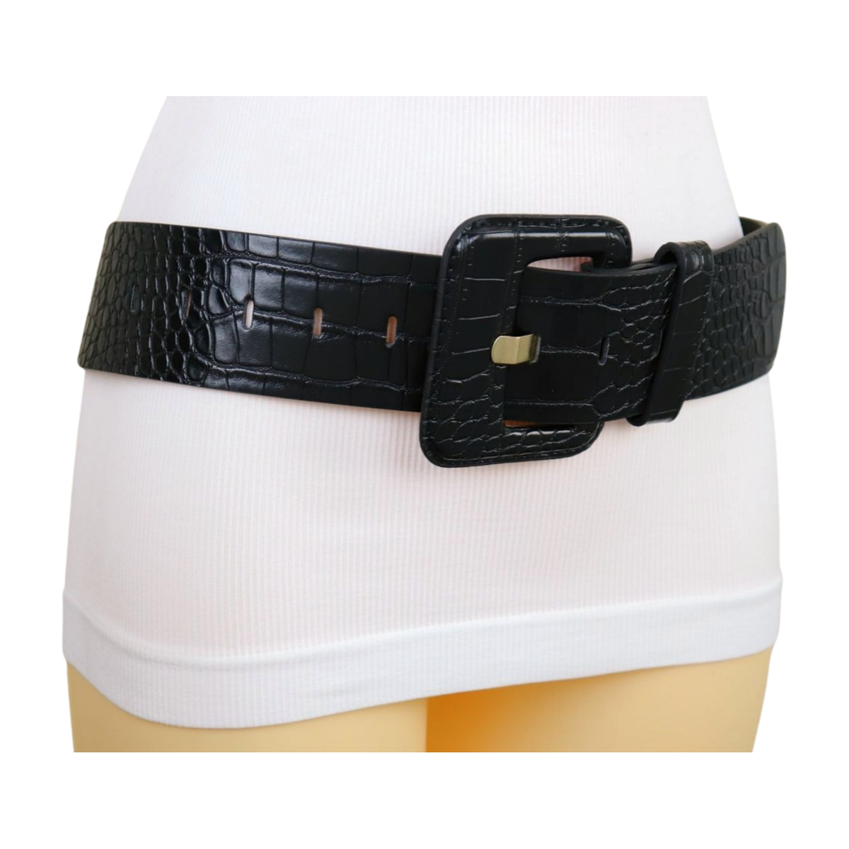 Women Black Wide Faux Leather Band Comfortable Fit Bold Belt 