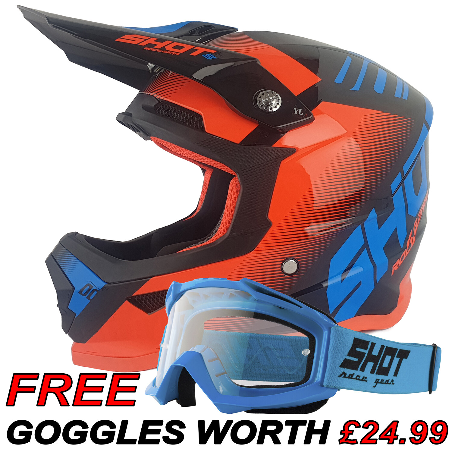 Bambini Casco Motocross Shot Furious TRUST MX Youth Bambino Blu Neon Arancione KTM
