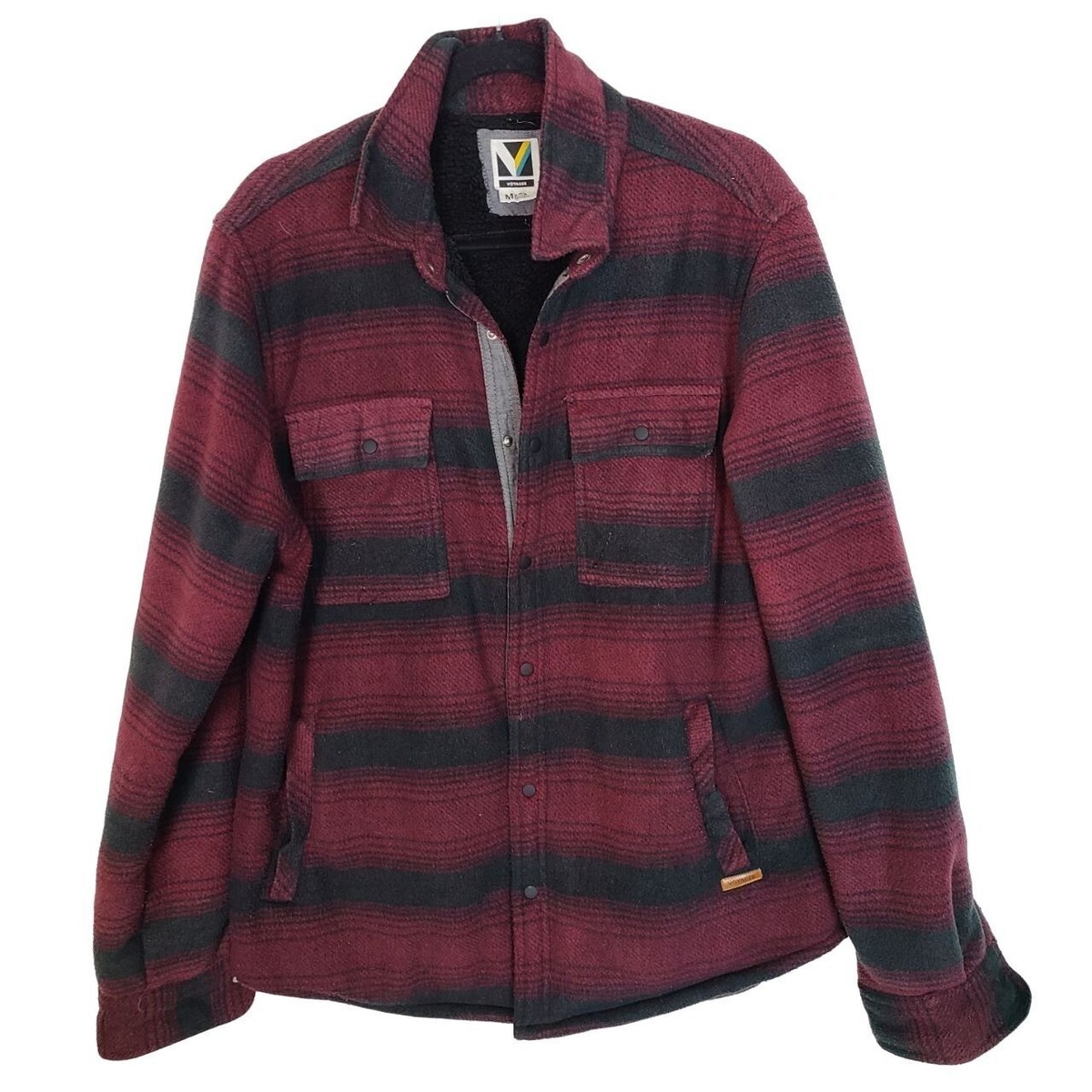 Voyager Mens M Red Black Plaid Polar Fleece Sherpa Lined Snap