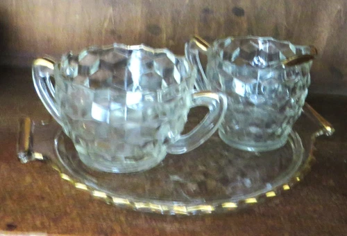 Vintage Fostoria American Clear Gold Trim Cube Cream and Sugar with Cookie Tray