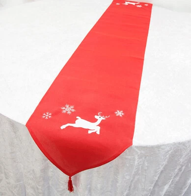 Rot Weihnachten Rentier Leinen Tischläufer Mit Quasten Heim Festliche Winter - Bild 1 von 2