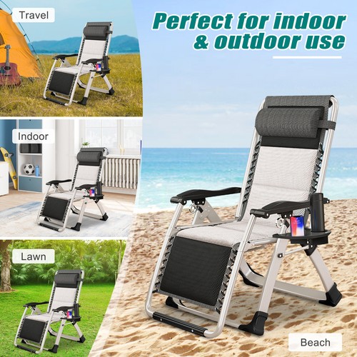 Zero Gravity Chair, Folding Lawn Recliner Patio Reclining Padded Chair w/ Mat - Picture 13 of 27