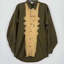 LD Collection Mens Long Sleeve Button Down Shirt Green Tan Brown Music Saxophone