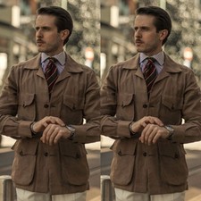 Fashion Vintage Brown Retro Men Suit Safari Jacket Hunting Coat Outdoor Wear