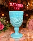 RARE VTG Madonna Inn Aqua Blue Opaque Milk Glass Wild Rose Goblet EUC