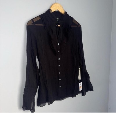 2OH Threads Two Old Hippies Black Sheer Button Up Silk Ruffle Shirt Size S Silk