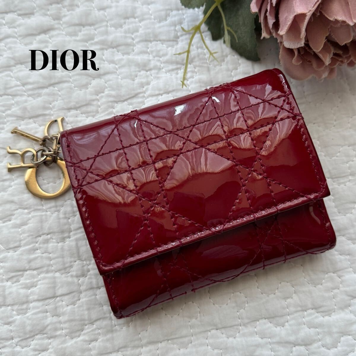 Christian Dior Lady Dior Lotus Tri-Fold Wallet in Cannage Leather
