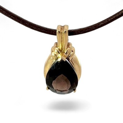 14k Yellow Gold Pear-Shaped Smoky Quartz Pendant on Brown Cord 17in (KS1021018)