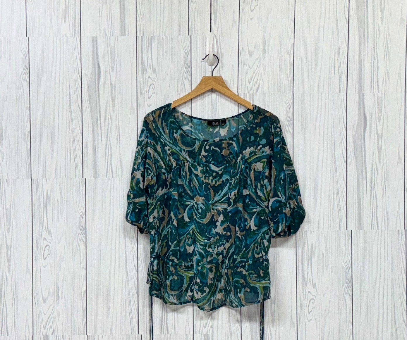 A New Approach Ana top womens size large long sleeve blouse floral sheer stretch