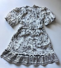 Joie Dress Womens White Black Floral Belted Puff Sleeve Belted Button Front